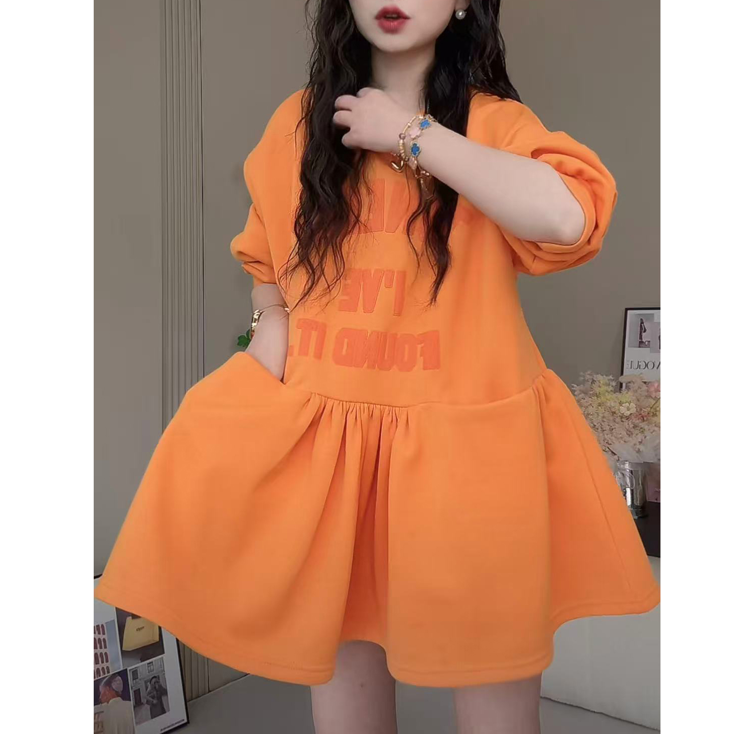 2025长袖慵懒风圆领拼接短裙连衣裙秋冬长款休闲卫衣裙YSS0203