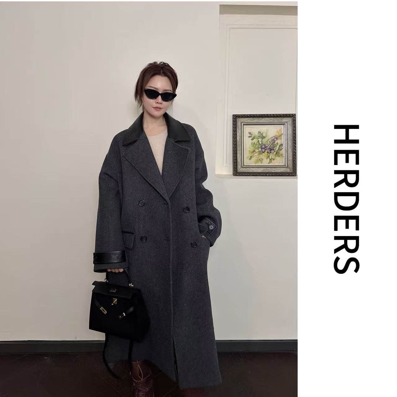 HERDERS 长款西装领拼皮纽扣款粗纺呢料外套 51137