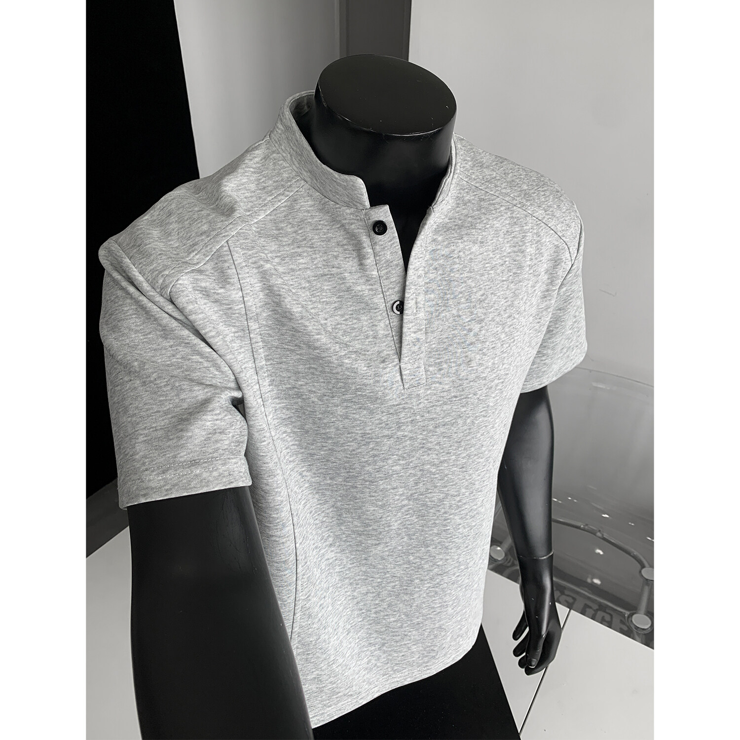 解构亨利领重磅短袖t恤男士夏季潮牌polo半袖痞帅宽松休闲五分袖