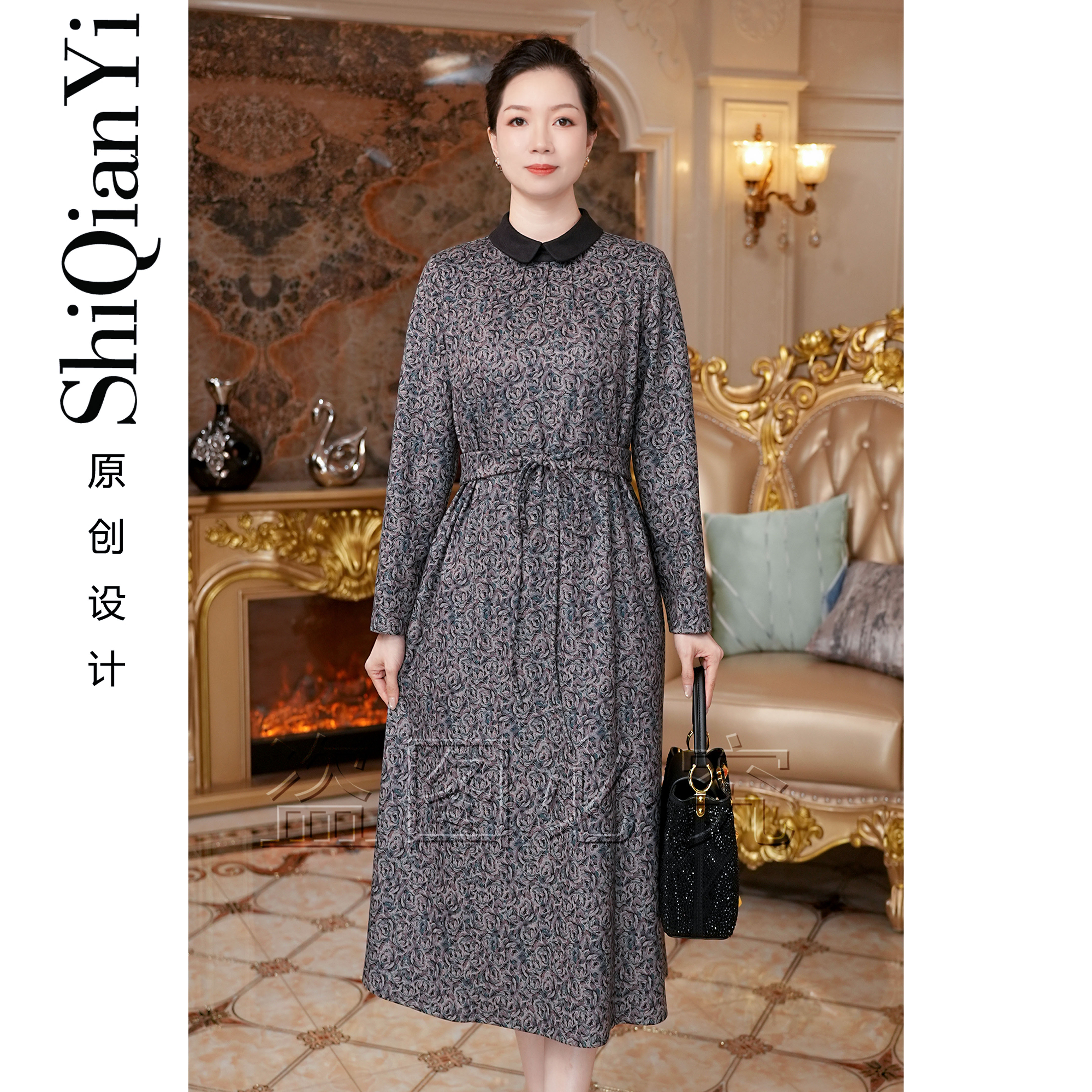 【诗千逸定制-百花齐放】秋冬保暖气质百搭复古长袖连衣裙A1601