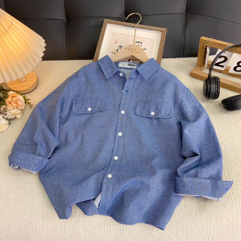 佑妈家童装 男女童秋季新款上衣儿童翻领梭织休闲衬衫牛仔蓝