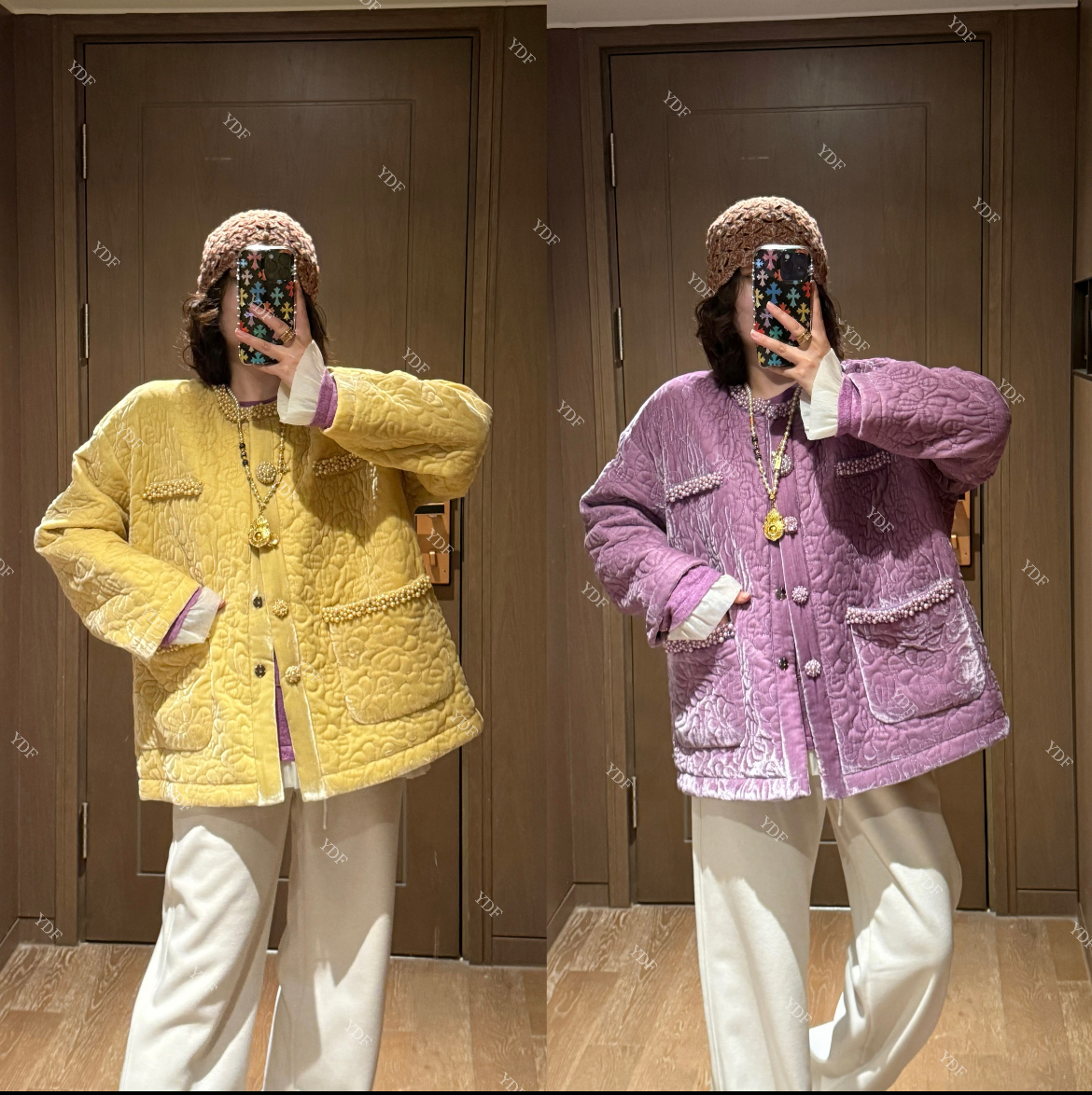 YDFSTUDIO小众【香香世界】欧货高品重工钉珠拼接设计时尚棉服外套