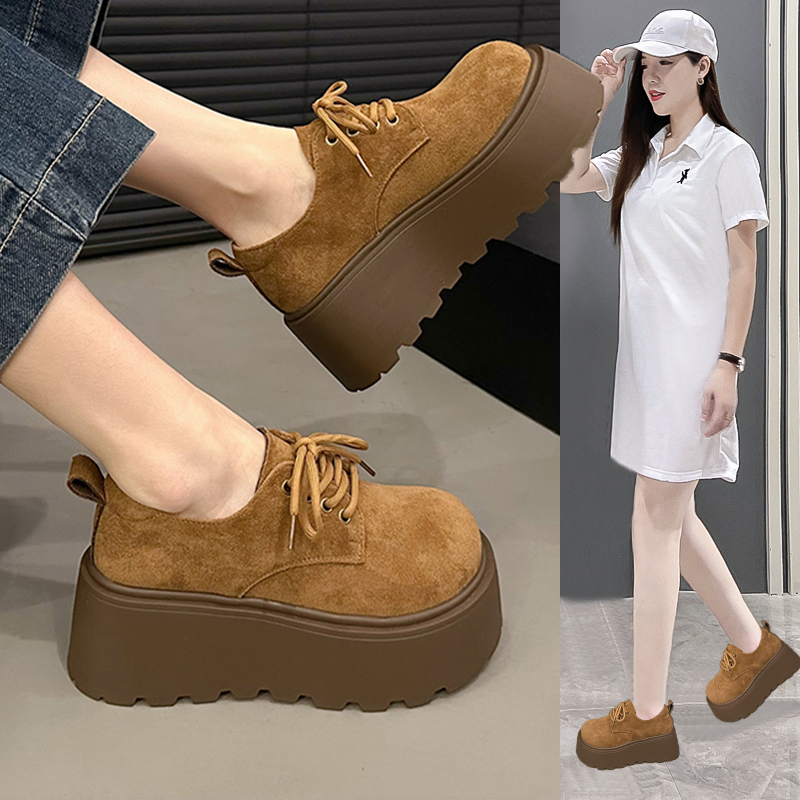 厚底英伦乐福鞋女2025春季新款系带时尚显脚小圆头超火软底勃肯鞋