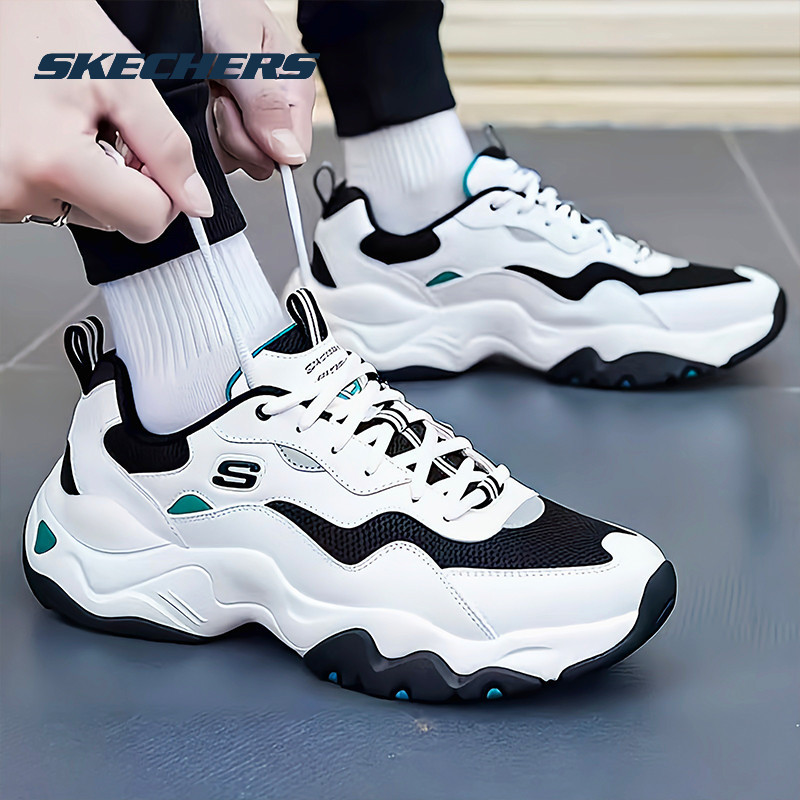 【专柜款】斯凯奇2025冬季白色皮面运动鞋男鞋熊猫鞋厚底休闲老爹鞋