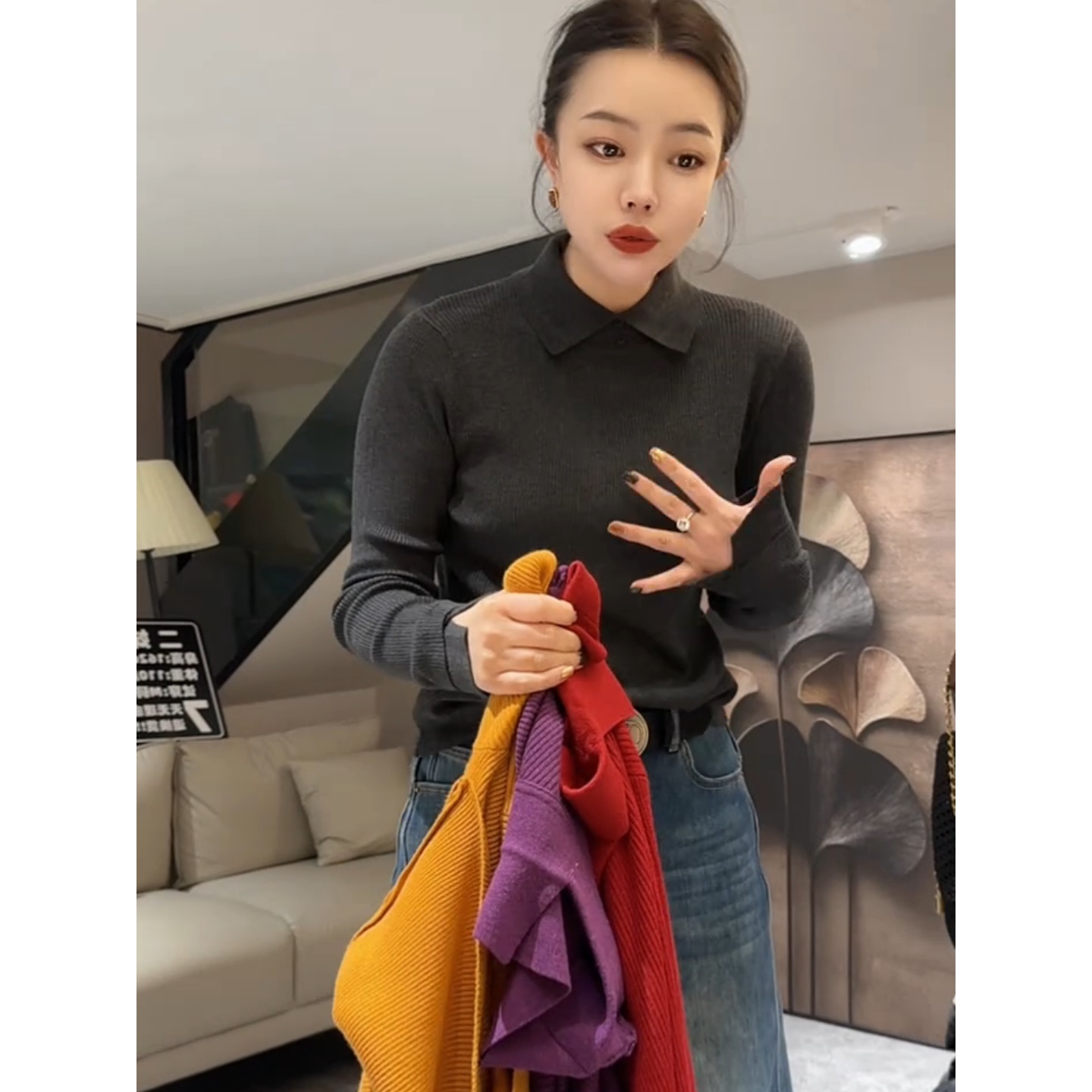 法式气质翻领针织衫女款秋冬软糯减龄纯色保暖毛衣休闲百搭打底衫