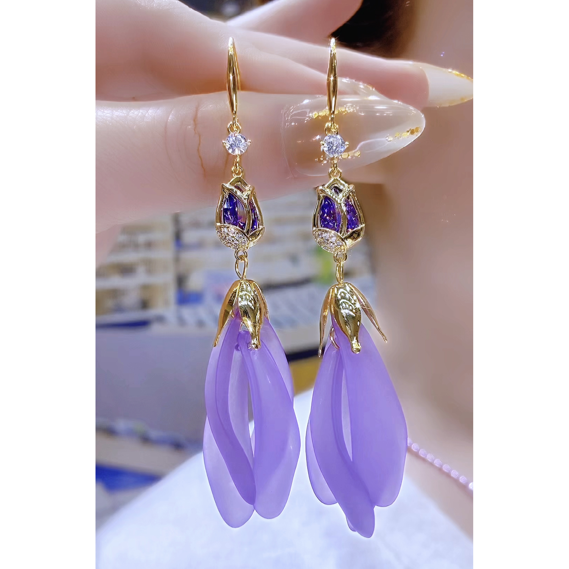 铜合金合成锆石耳饰 时尚洋气郁金香花朵小众流苏耳环轻奢气质