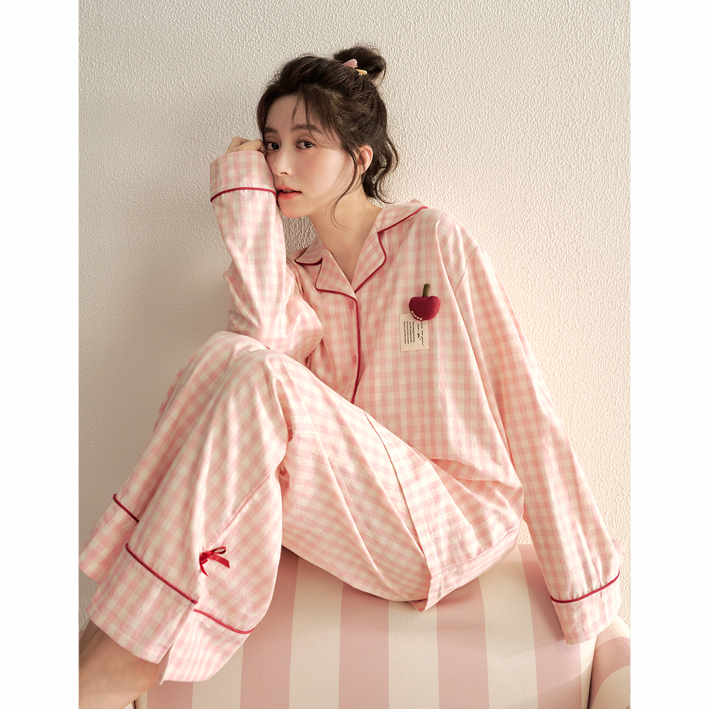 陌娇"甜梦·少女的穿搭"粉色格子长袖睡衣女春秋款纯棉长袖家居服