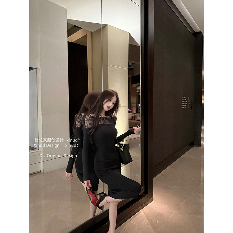 杜总家 夜幕玫瑰*原创冷艳御姐性感蕾丝包臀显身材针织连衣裙女