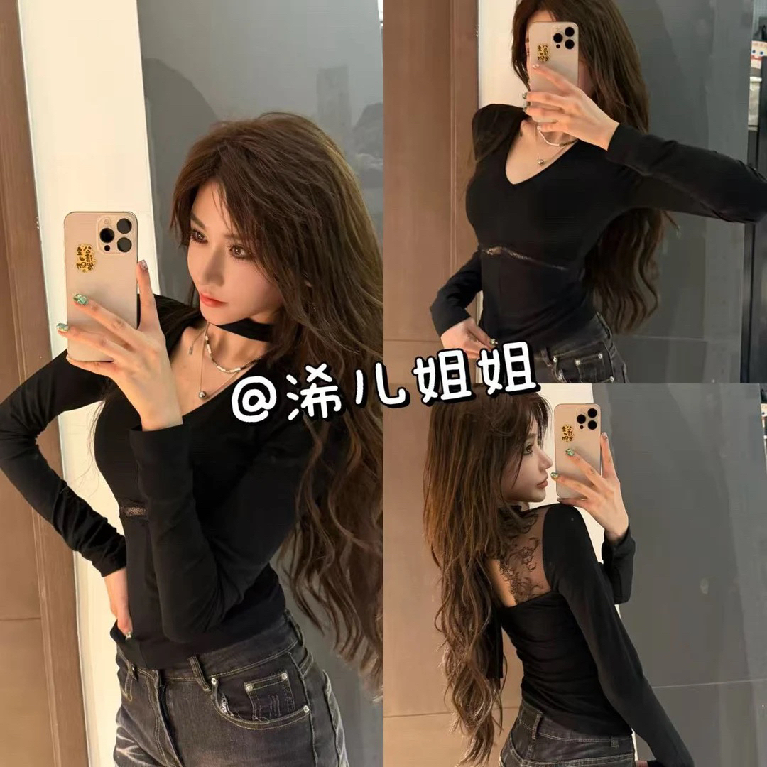 【大美女醉爱】小心机蕾丝露背拼接挂脖v领上衣