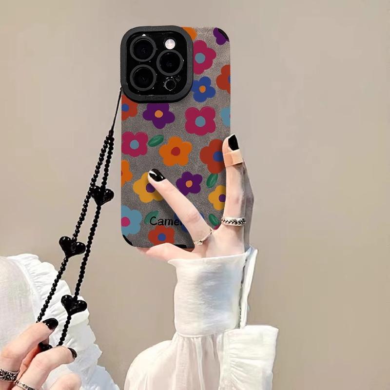 彩色花朵适用苹果17promax翻毛皮网红手机壳iphone16pro手链15pro