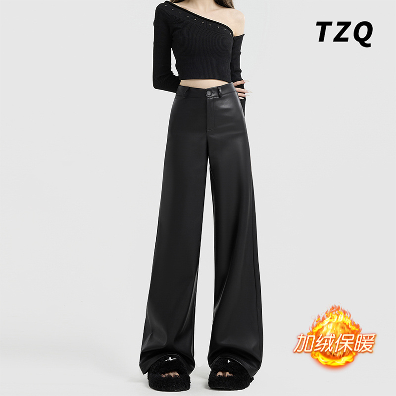 美式黑色皮裤女款爆款2025秋季新款加绒小个子PU皮高腰直筒阔腿裤