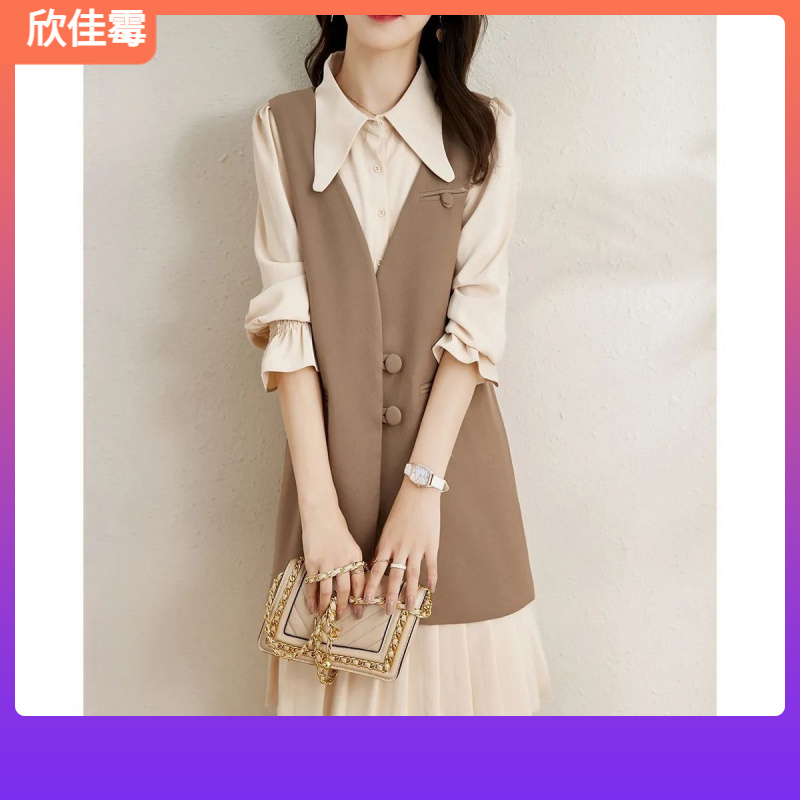 12025秋装新款简约通勤时尚修身优雅气质马甲长袖两件套装裙女I
