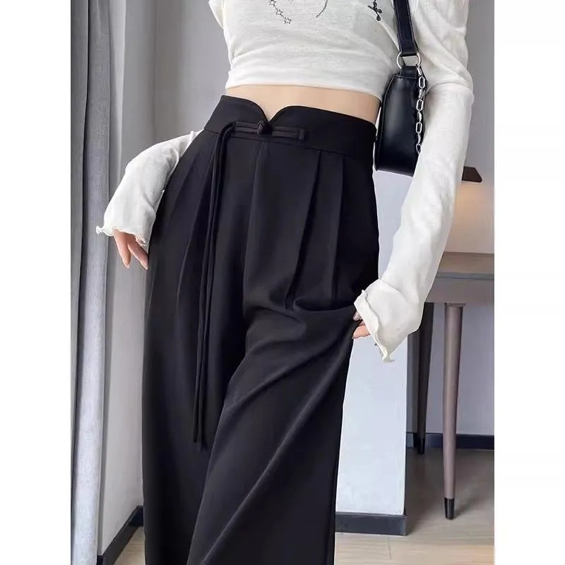 纯色西装高腰阔腿裤女秋季2024新款中国风垂坠感高腰直筒休闲裤女