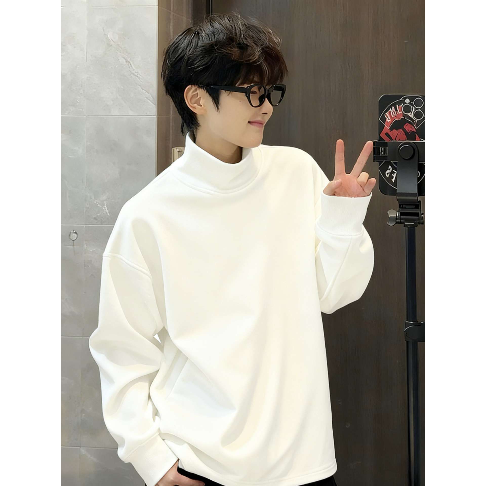 美式白色德绒打底衫秋冬男生穿搭半高领长袖t恤加绒重磅内搭卫衣