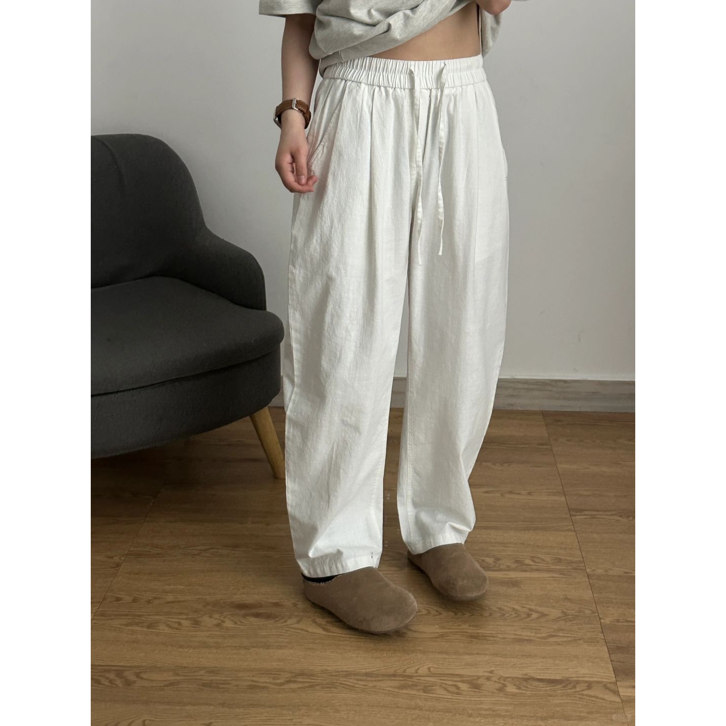 白色棉麻弯刀裤子男秋季慵懒松弛感休闲裤潮牌日系宽松垂感直筒裤