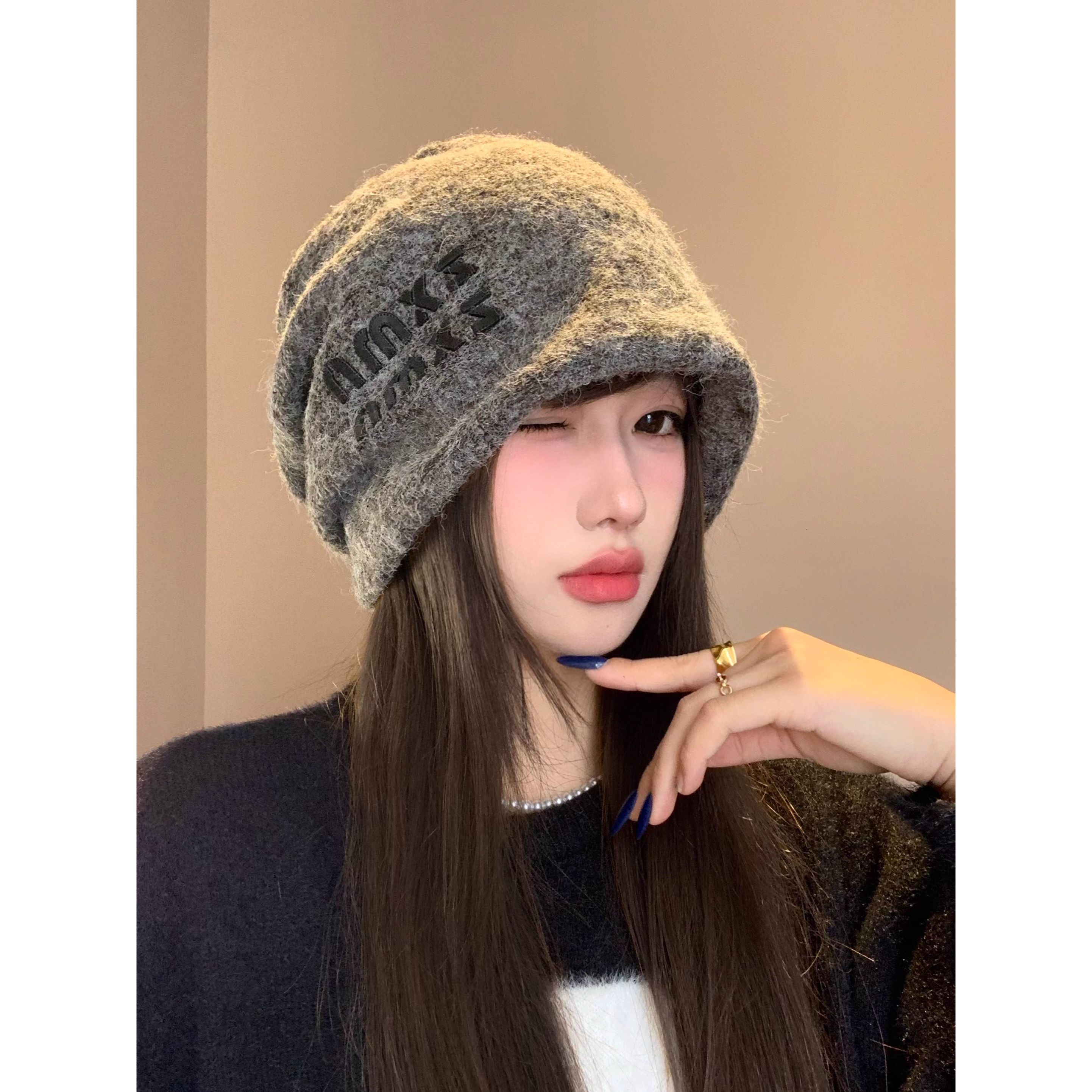 含羊毛灰色堆堆帽女秋冬季日系百搭显脸小冷帽大头围保暖包头帽子