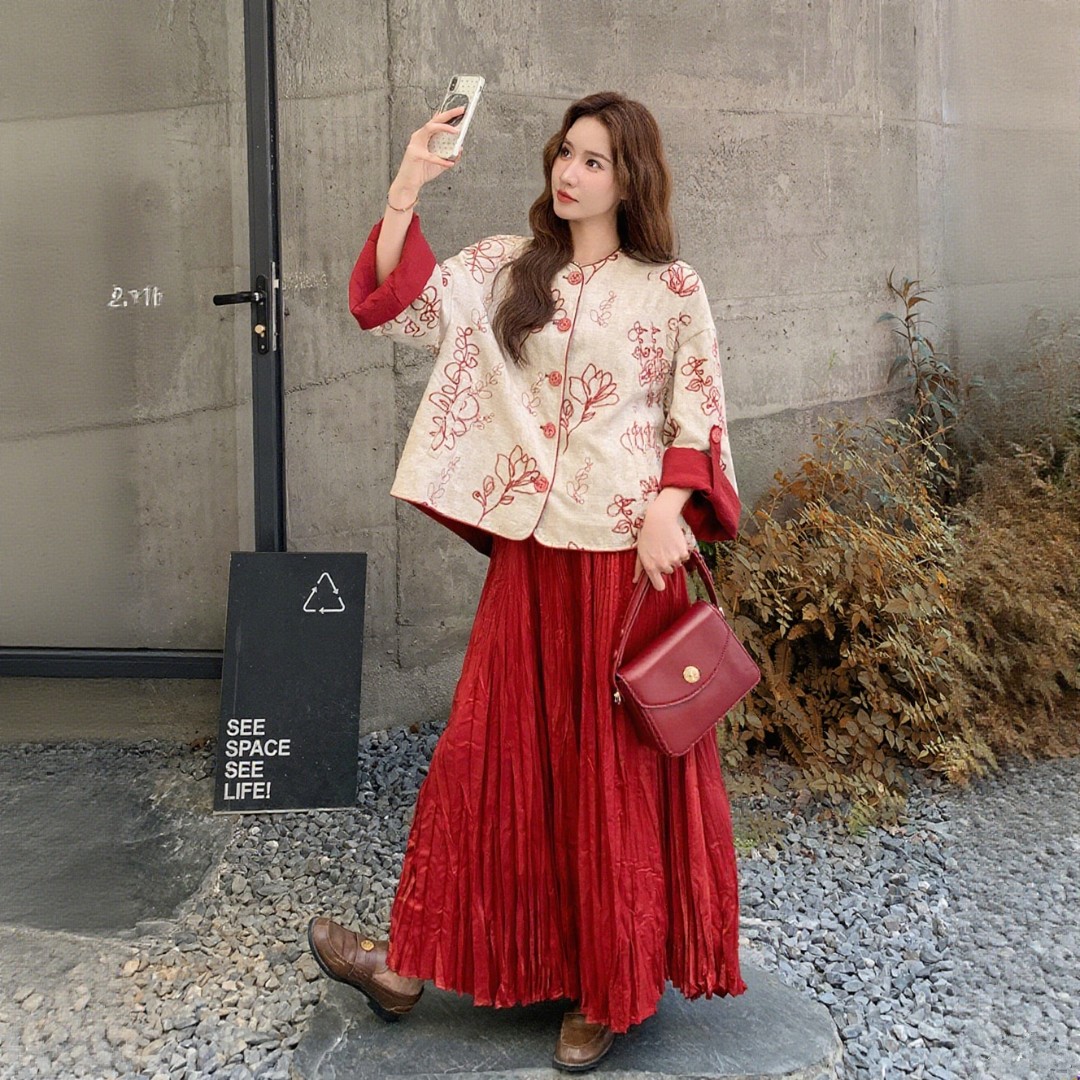 新中式国风刺绣小衫套装女秋季2025新款复古显瘦压褶半身裙两件套