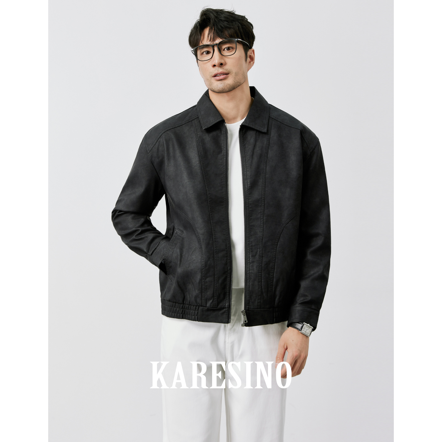 KARESINO美式休闲男士黑色翻领皮衣男修身秋季短款机车夹克男外套