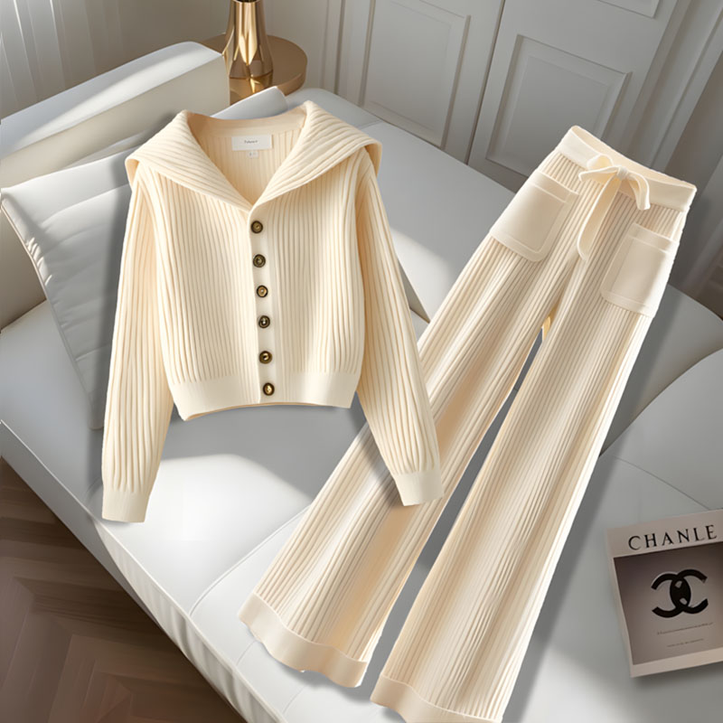 高级感慵懒风洋气长袖针织衫女装早秋新款高腰直筒阔腿裤子两件套