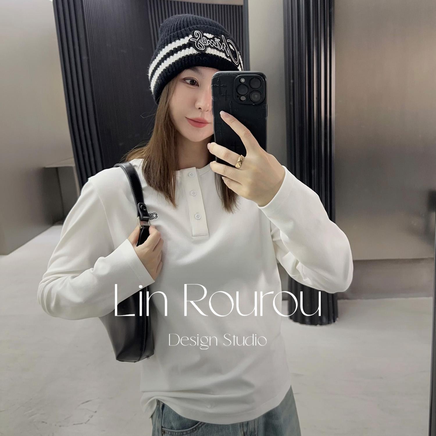 【Lin打底衫】CXEL59169轻奢高级感商务休闲百搭亨利领刺绣长袖女T