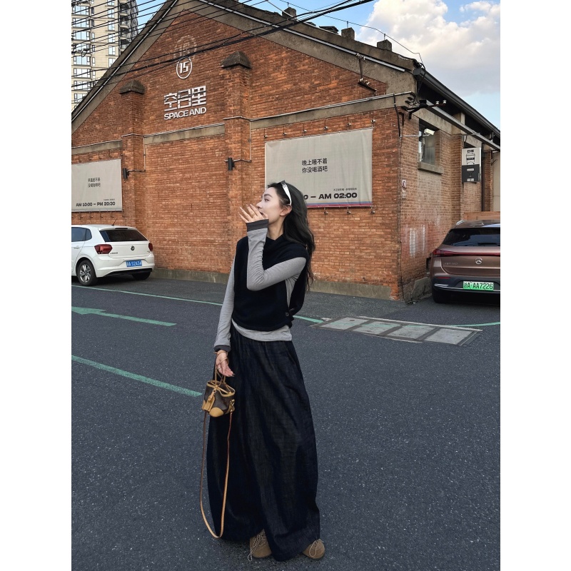 MARIE.COCO轻熟风修身灰色长袖搭配无袖荡领毛衣女秋季高腰阔腿裤