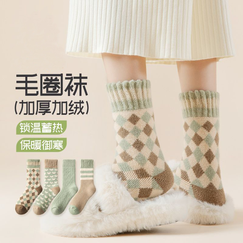 秋冬新款袜子女加绒加厚毛圈中筒袜休闲保暖条纹格子毛巾地板袜