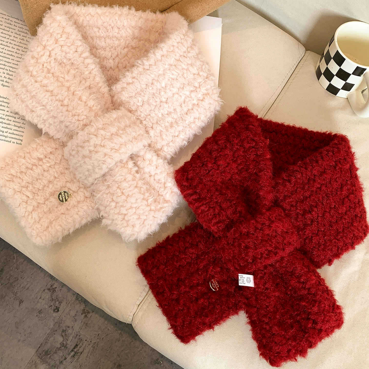 羊羔毛绒针织围巾女秋冬季韩系毛领学生保暖防寒护颈交叉短款围脖