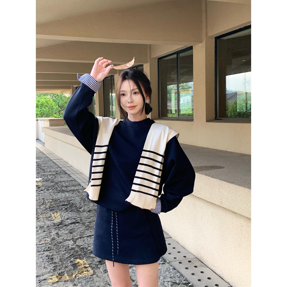 新款时尚甜美风套装纯色气质长袖卫衣女秋季高腰显瘦半身裙两件套