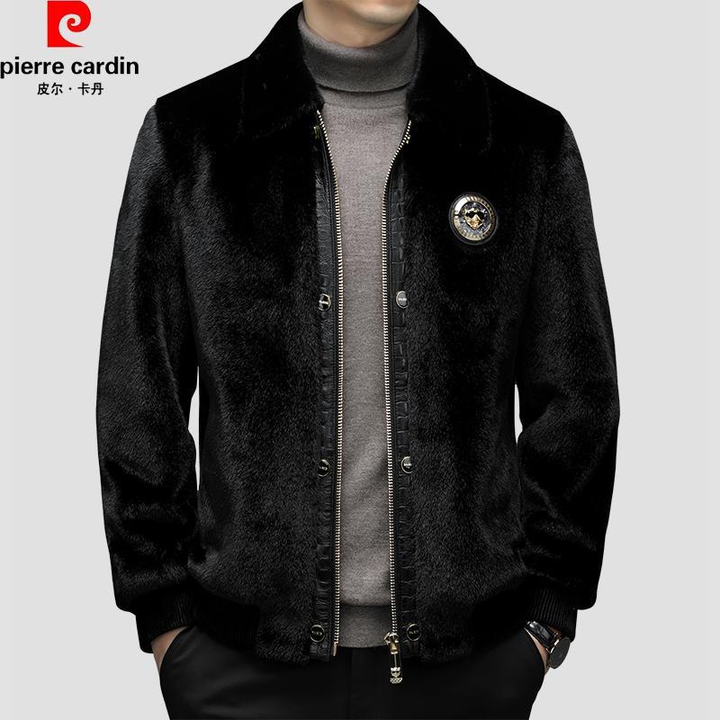 皮尔卡丹高端男外套皮毛一体中年加厚秋冬品牌真皮翻领上衣