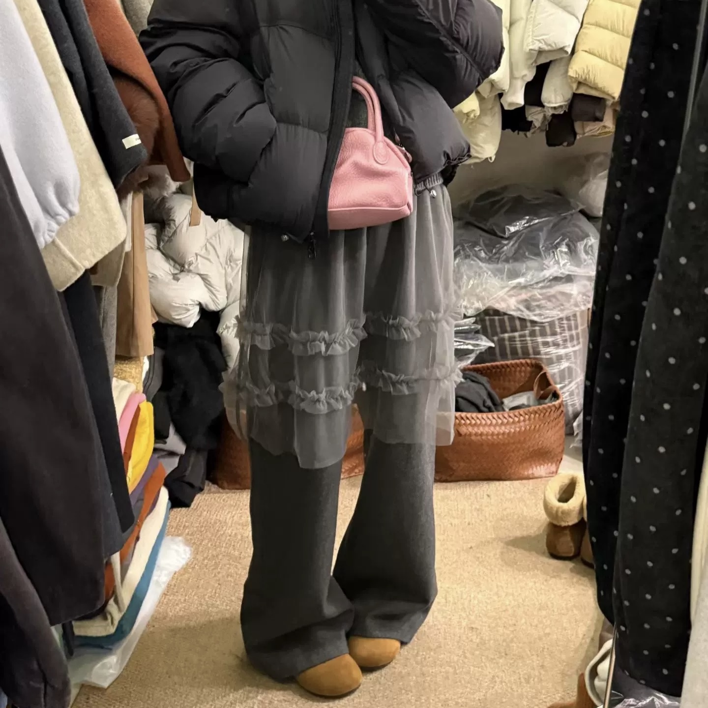 加绒加厚2025新款蕾丝网纱拼接假两件显瘦百搭休闲裤宽松阔腿长裤