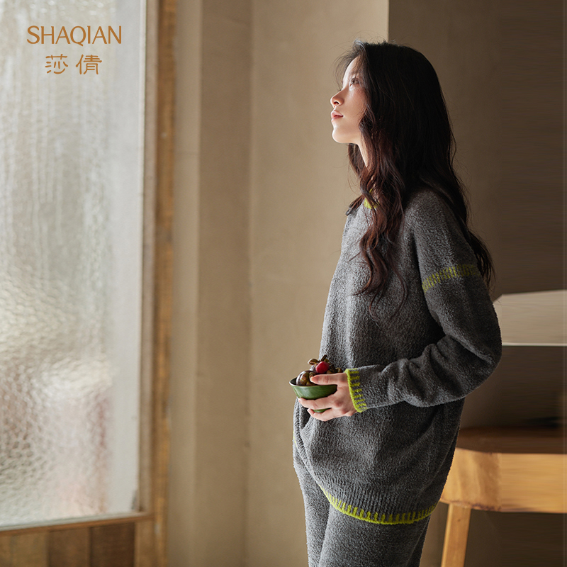 莎倩女士睡衣2025新款秋冬季半边绒加厚长袖加绒珊瑚绒外穿家居服