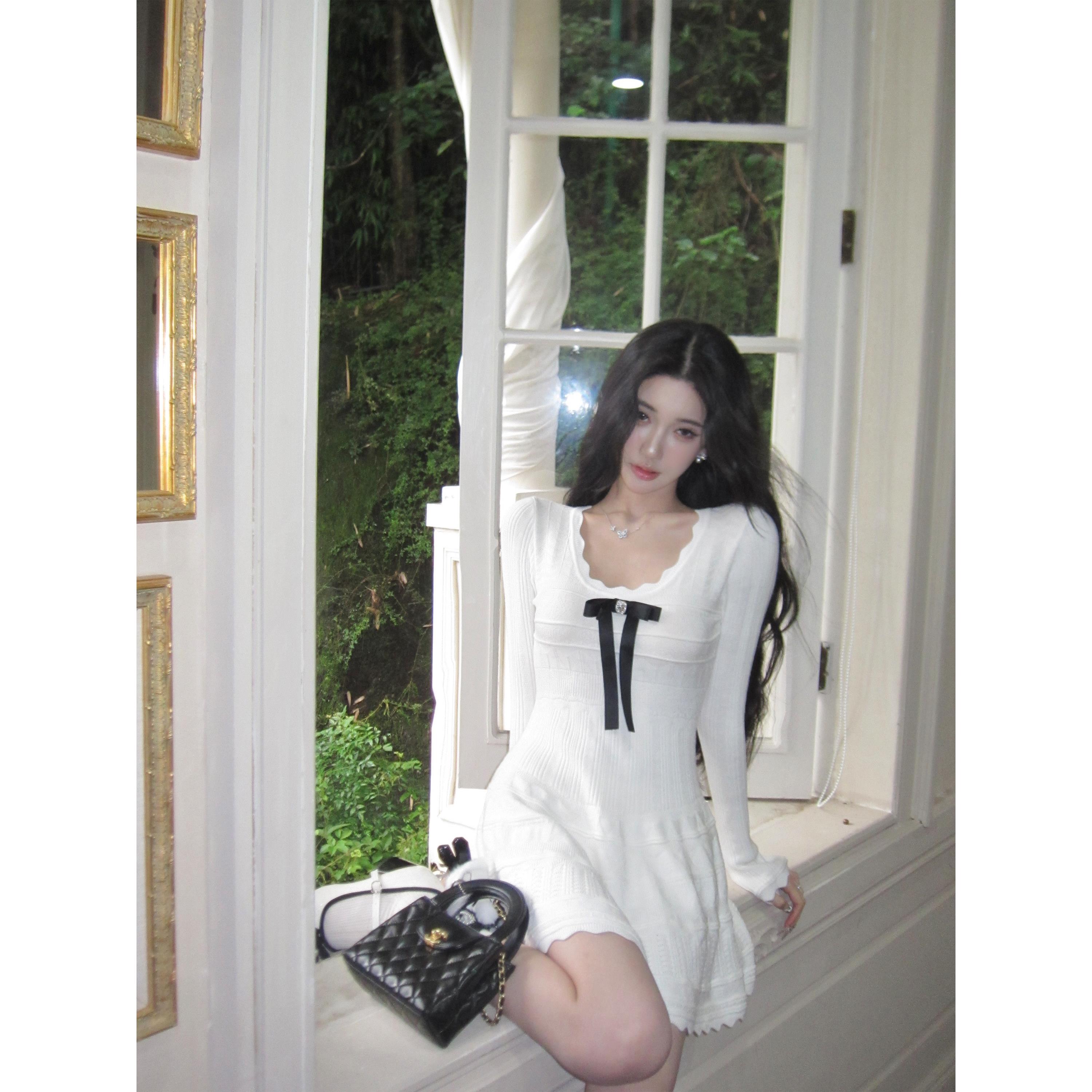 Barb Chill 千金感miu系连衣裙女白月光韩系蝴蝶结长袖针织小白裙