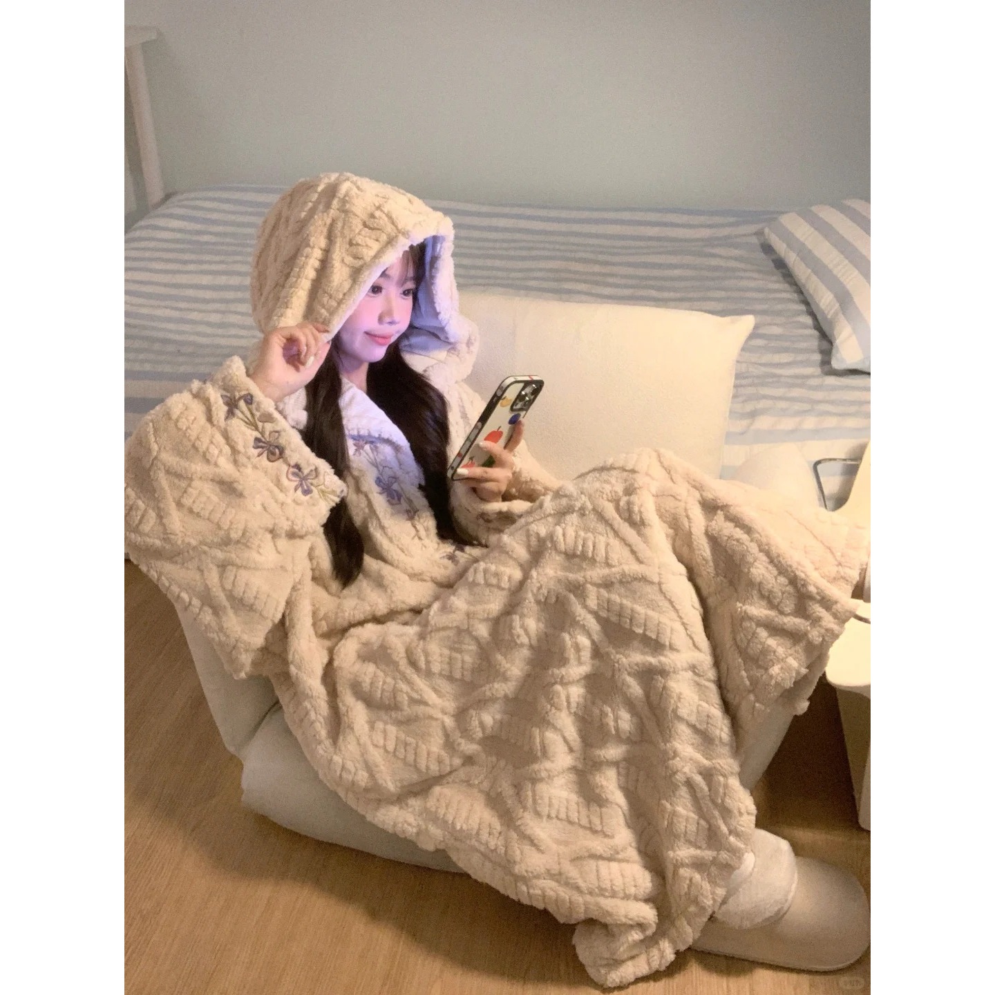 韩系宽松休闲加厚保暖半边绒睡袍女秋冬新款甜美温柔家居服套装