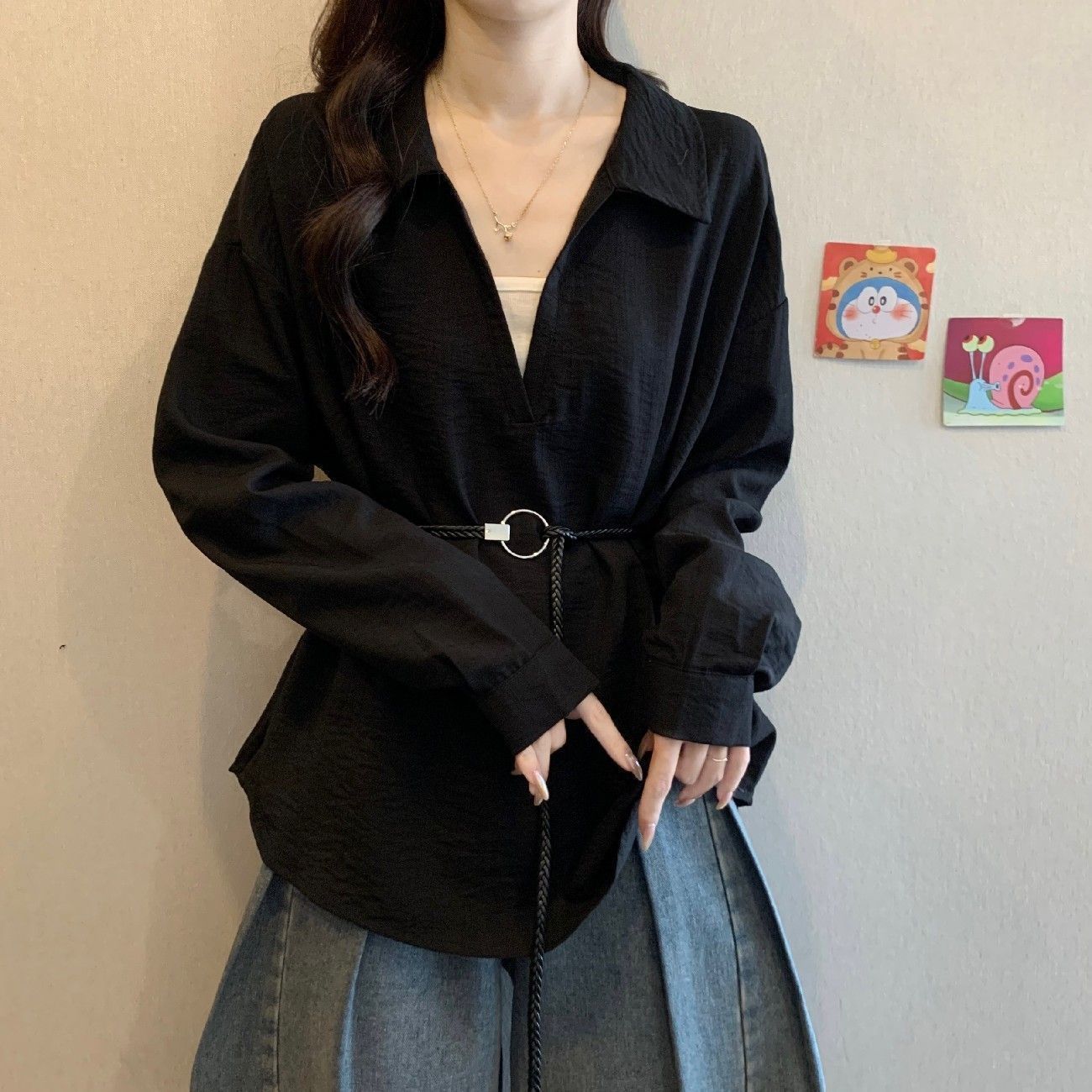 大码假两件设计感V领正肩衬衫女秋季新款胖mm宽松显瘦遮肉上衣女