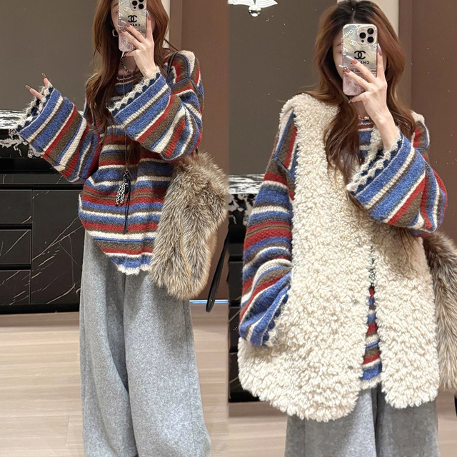 韩国东大门慵懒风条纹毛衣女秋冬新款撞色松弛风重工百搭针织上衣