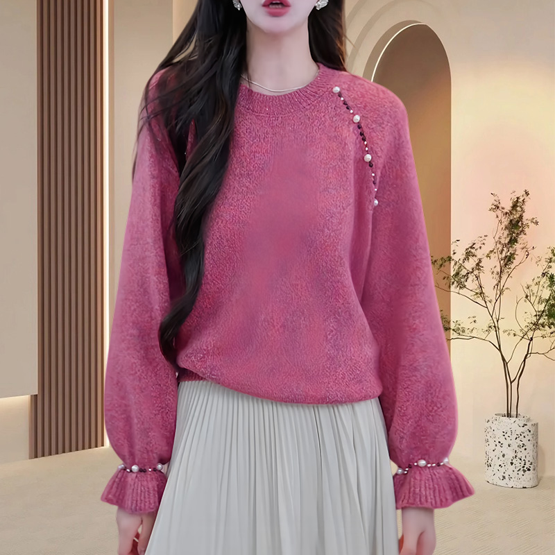 小个子甜美减龄钉珠针织衫女2025秋冬新款休闲百搭喇叭袖毛衣上衣