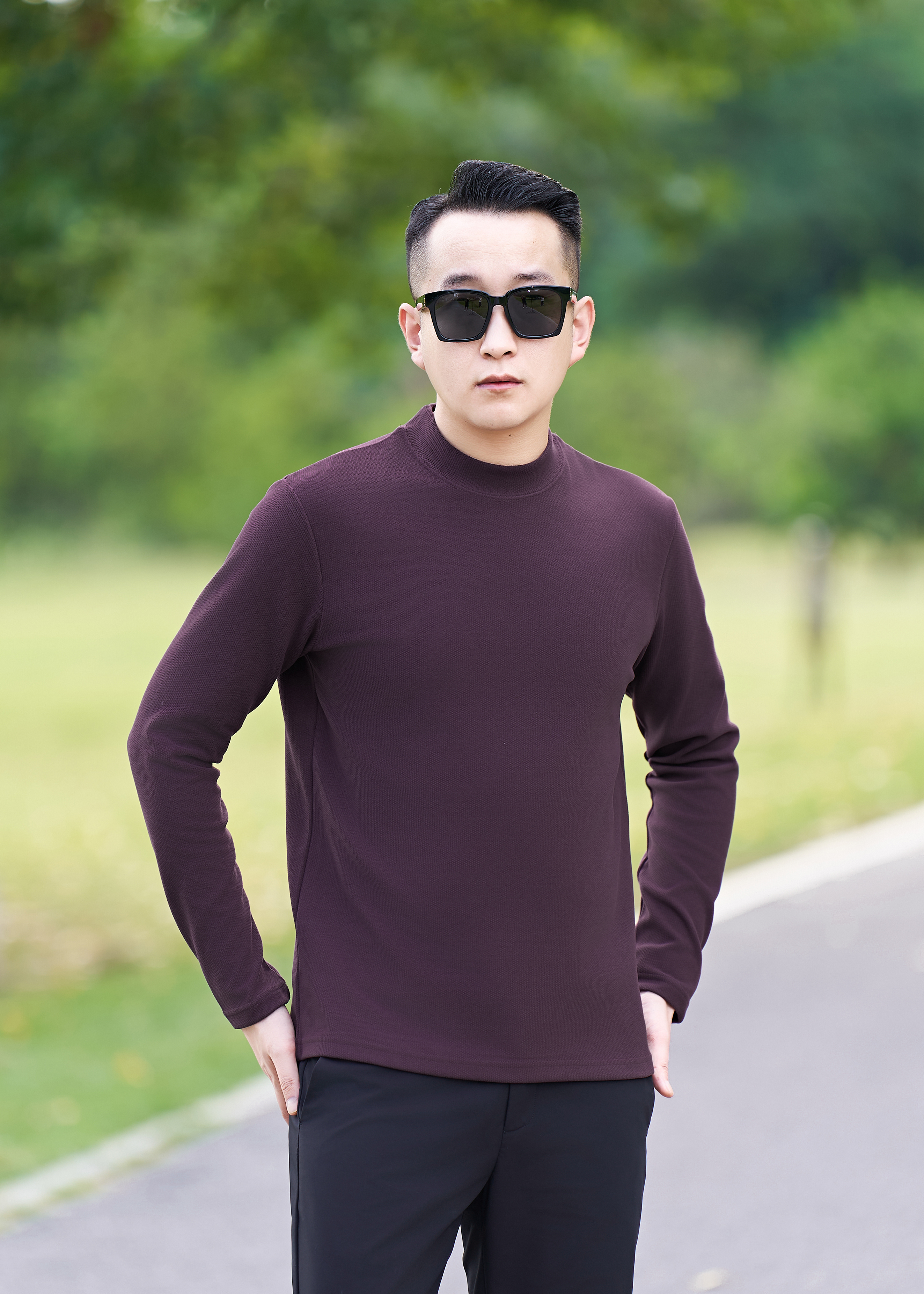 【提花德绒】龙骨纹男士竖纹半高领德绒打底衫休闲百搭长袖圆领