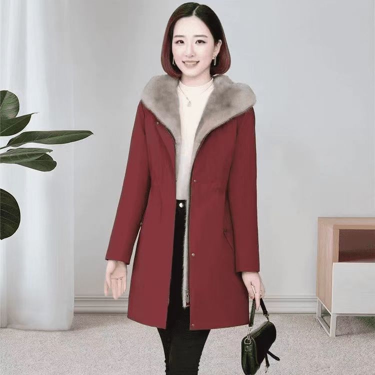 加绒加厚时尚百搭外套女2025冬季气质妈妈装连帽减龄中长款女款