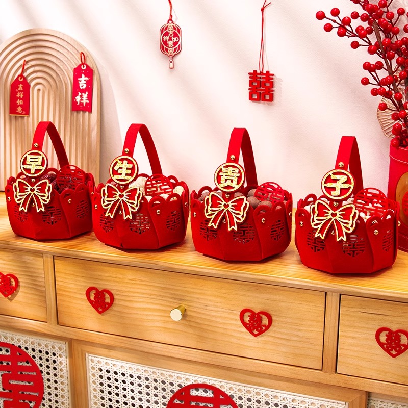 结婚早生贵子摆件装饰中式提篮摆件装饰结婚订婚床上压床物品男方