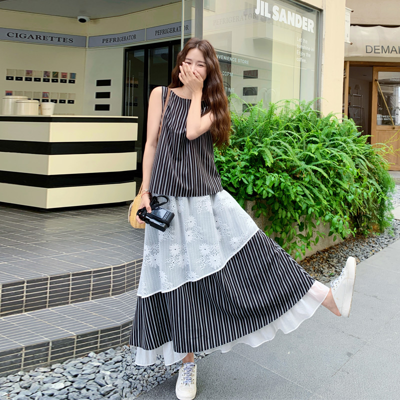 假两件条纹拼接刺绣套装裙2025女夏新款松弛感韩系ins风两件套潮