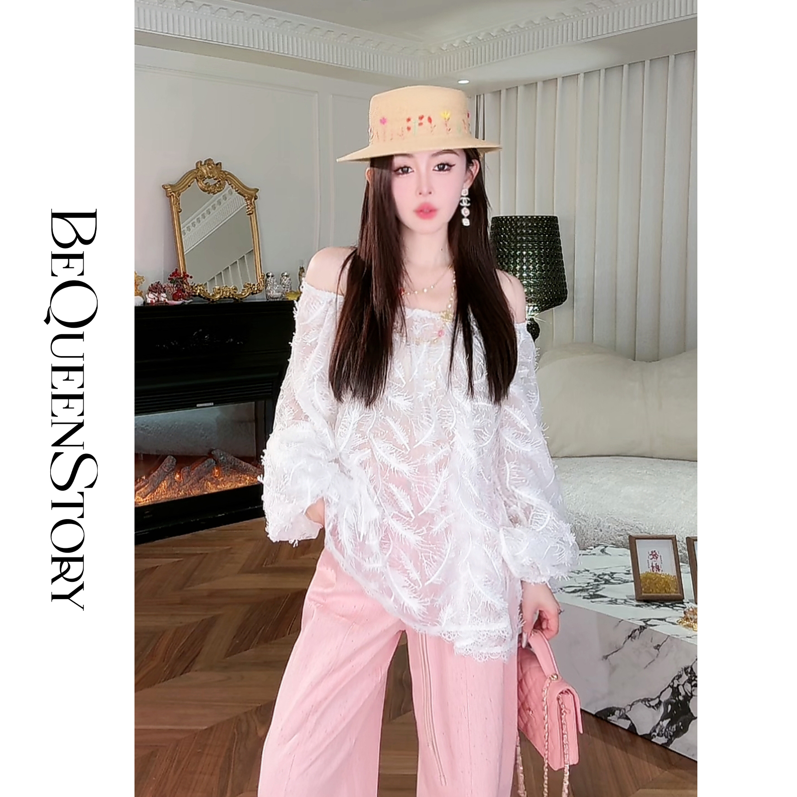 余潇潇【幻境羽翼】羽毛丝绣亮片圆领灯笼袖衬衫2025新款