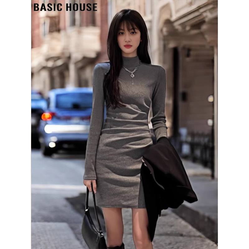Basic House/百家好灰色包臀加绒连衣裙女秋冬半高领打底T恤短裙