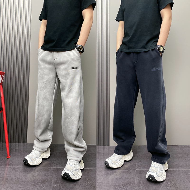 2025冬季加绒保暖宽松直筒休闲卫裤男美式潮牌扎染痞帅哈伦运动裤