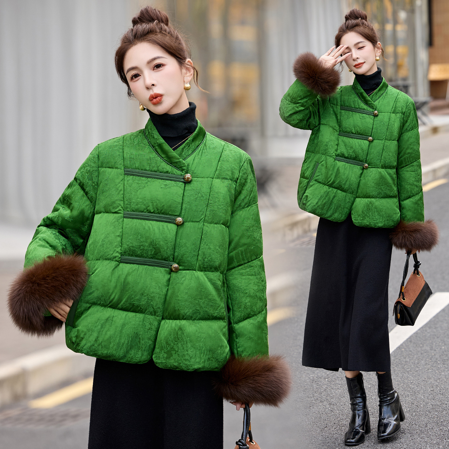 新中式提花羽绒服2025年冬季新款时尚洋气复古超好看外套女狐狸毛