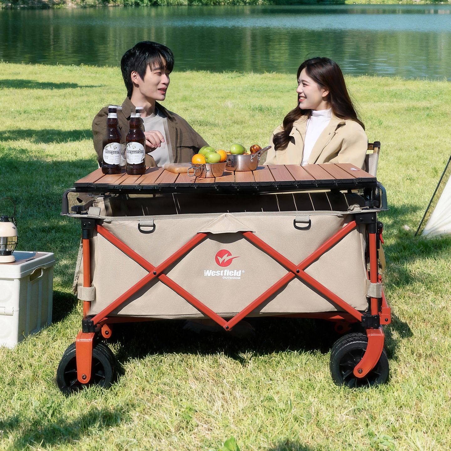 我飞露营车拉车宽轮米色轴承营地车超大户外可折叠聚拢式便携推车