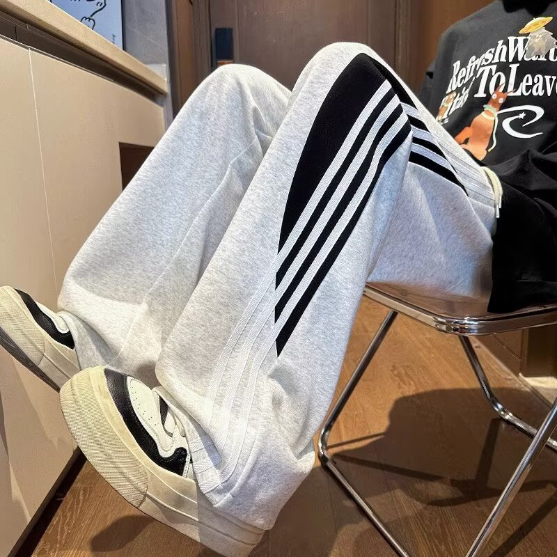 美式三条杠运动卫裤男春秋宽松直筒阔腿休闲长裤潮牌痞帅炸街裤子