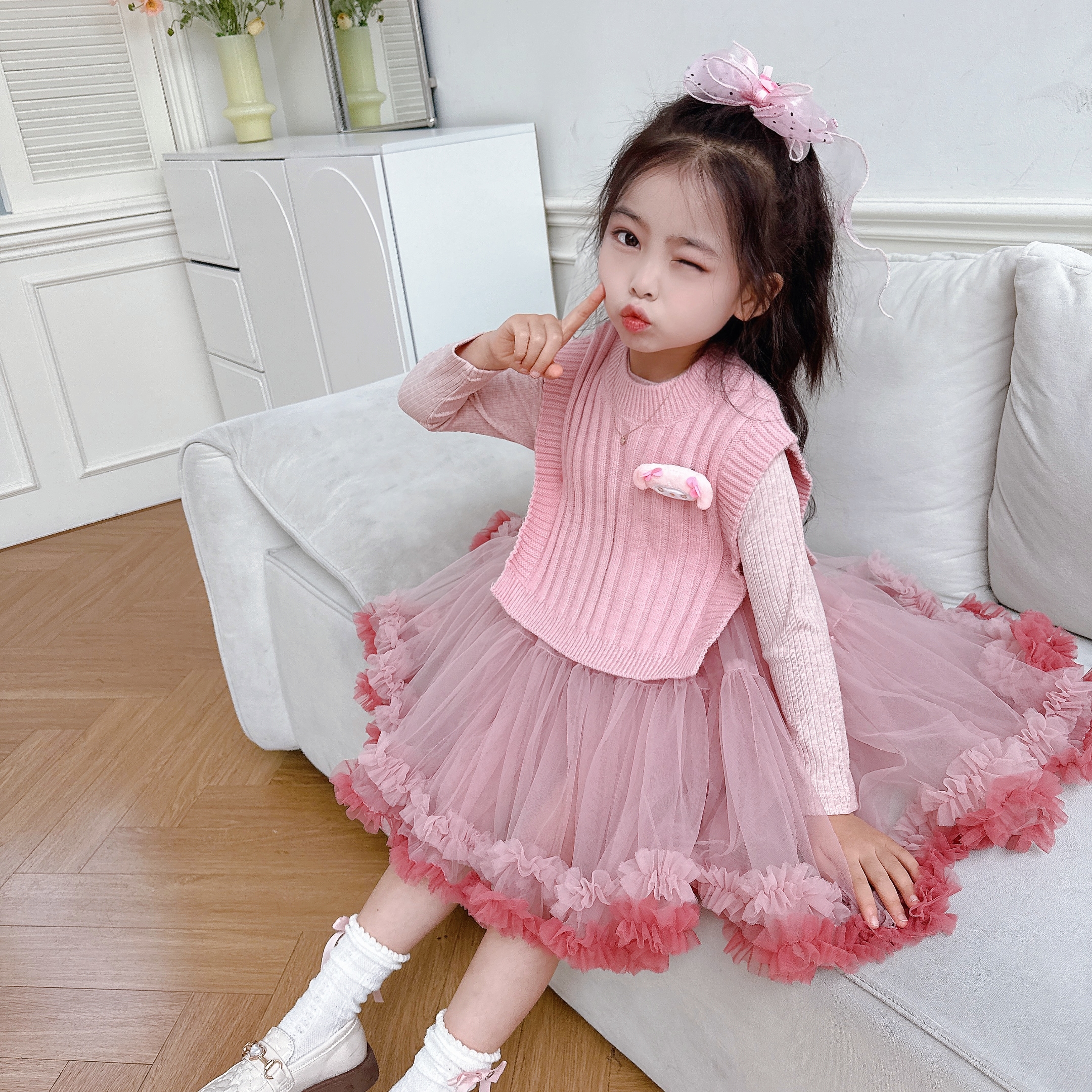 秋季中小童马甲凸凸裙两件套女童长袖裙子毛线套装公主风