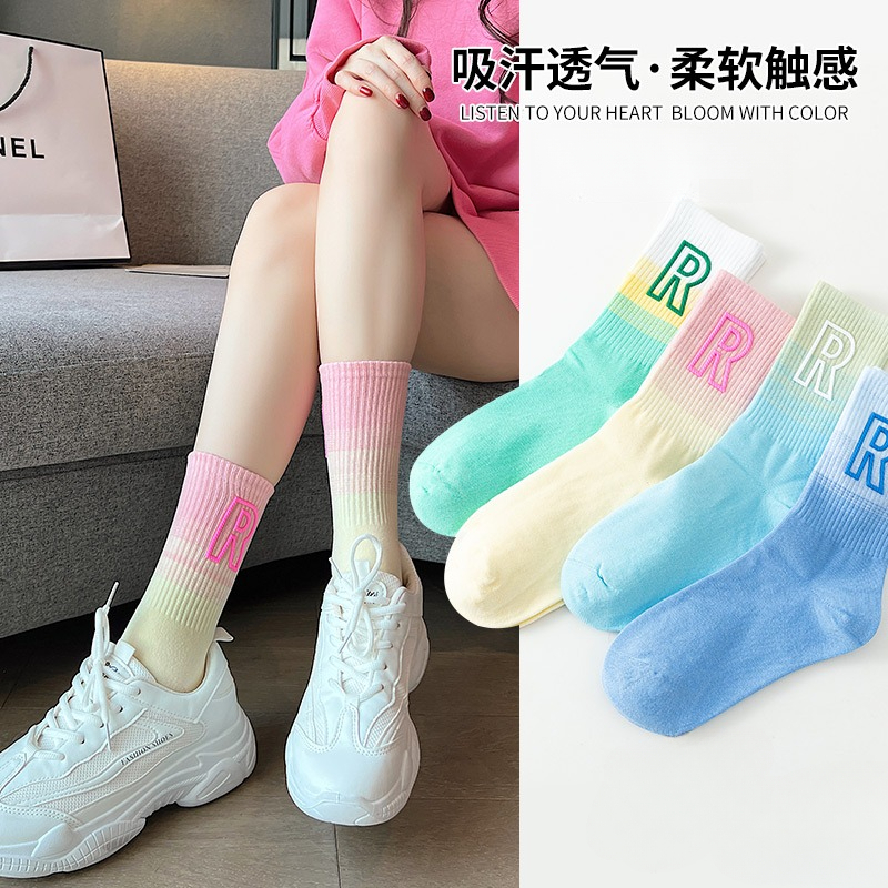 渐变字母网红中筒袜子春夏秋季多巴胺运动袜ins彩色个性外穿潮袜
