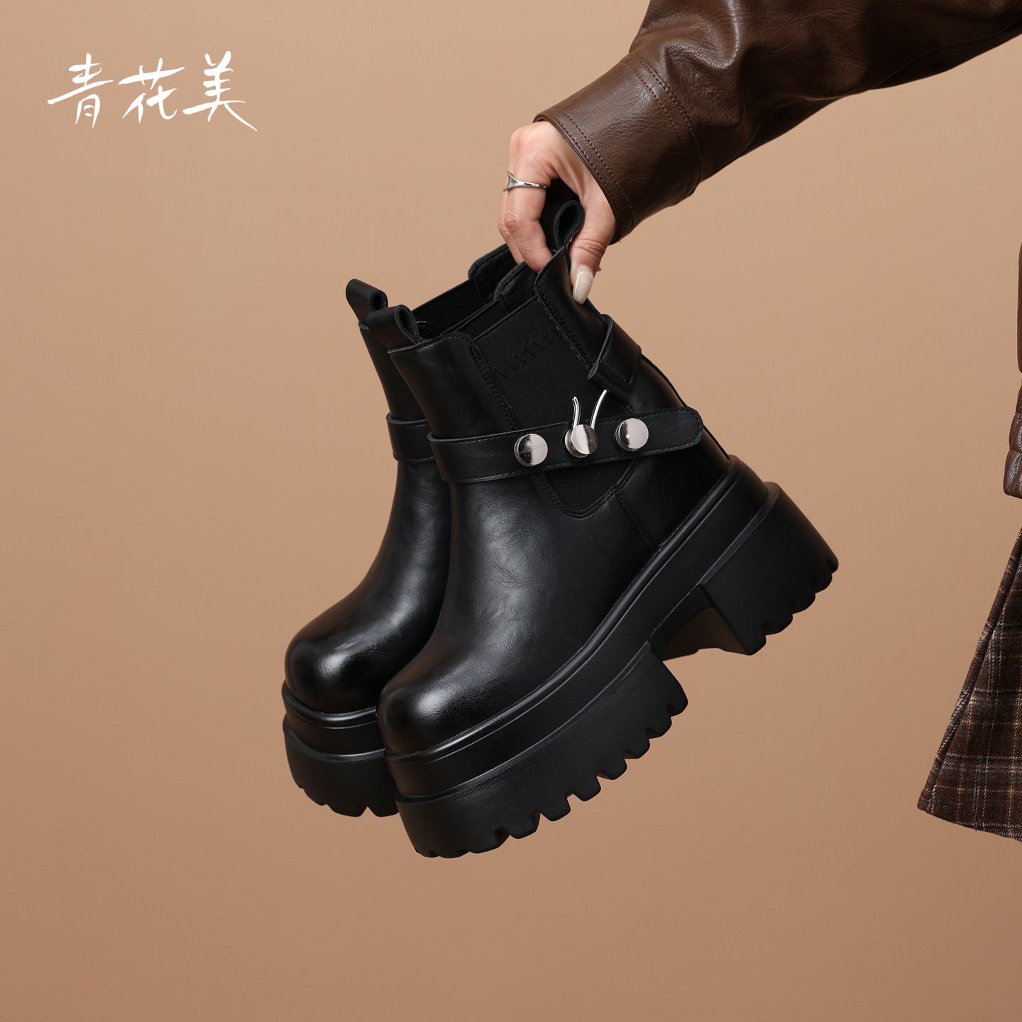 切尔西短靴女2025秋季新款高跟酷飒机车靴厚底内增高英伦风马丁靴