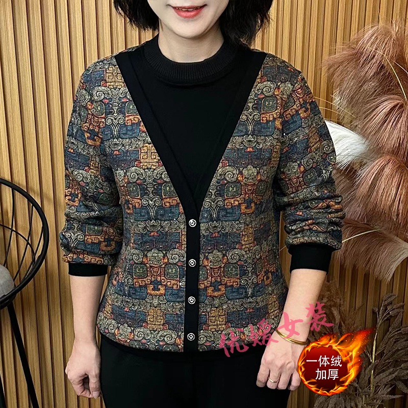 中老年女装秋冬设计感圆领假两件加绒保暖显瘦洋气妈妈装长袖上衣
